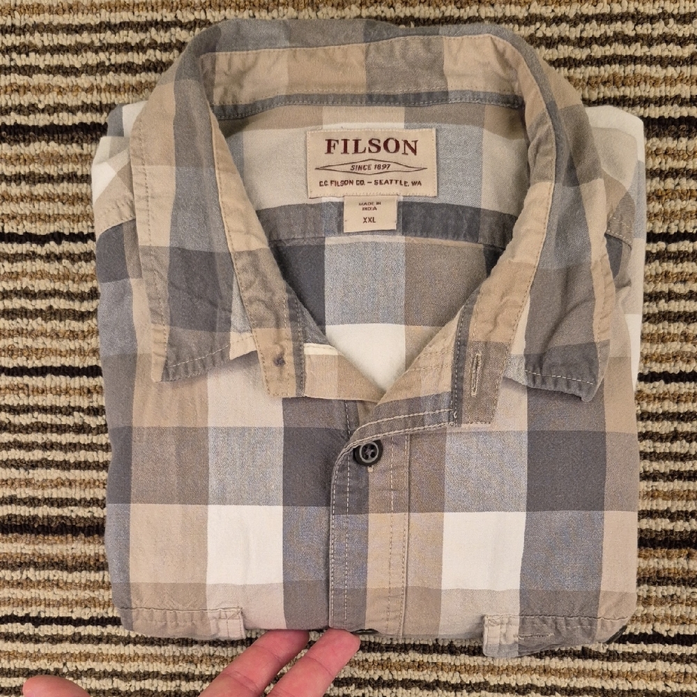 FILSON‎ Kitsap Work Olive Beige Plaid Flannel Cotton XXL Mens Long Sleeve Shirt